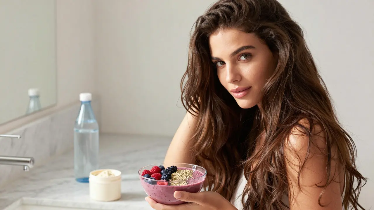 Žena se zdravými vlasy drží smoothie vedle doplňků stravy