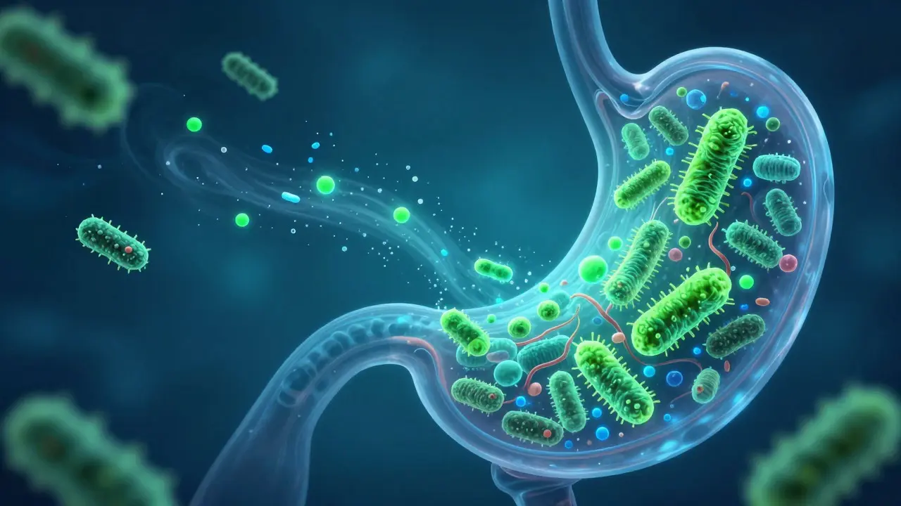 Abstraktní ilustrace střevního mikrobiomu s bakteriemi a antibiotiky