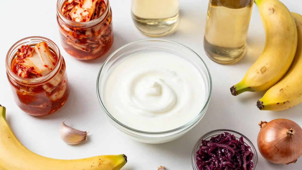 Fermentované potraviny jako jogurt, kefír a kimchi jako zdroje probiotik