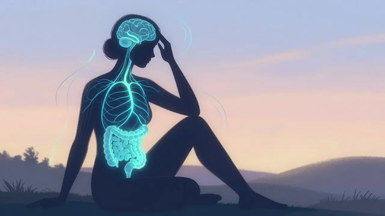 Ilustrace spojení mezi mozkem a střevy při relaxaci a pohybu