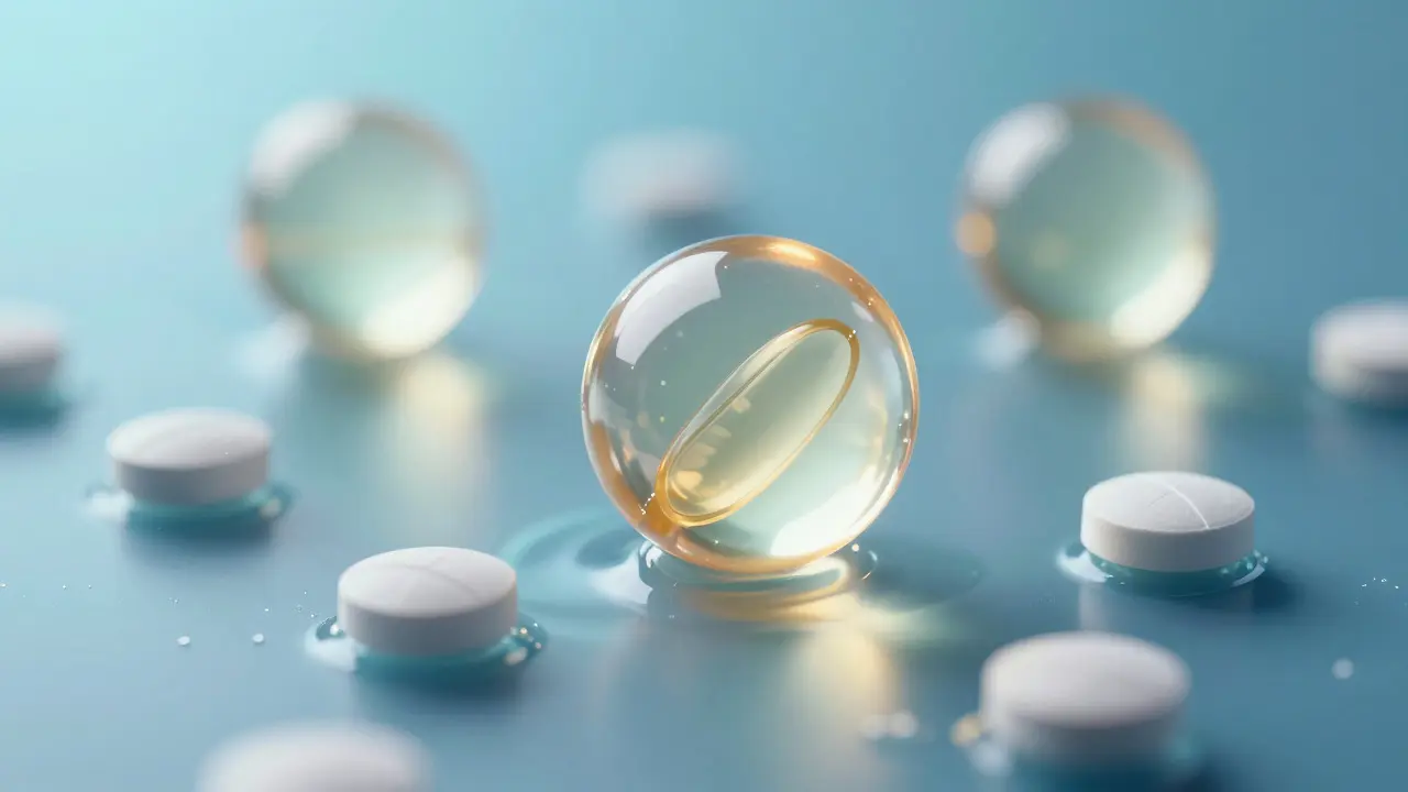 Makro pohled na liposomální vitamin C ve formě svítících sfér