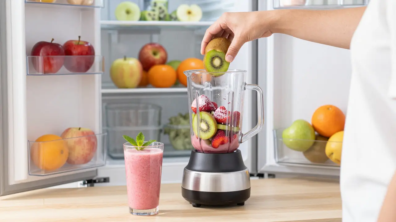 Příprava zdravého smoothie z kiwi a jahod v kuchyni