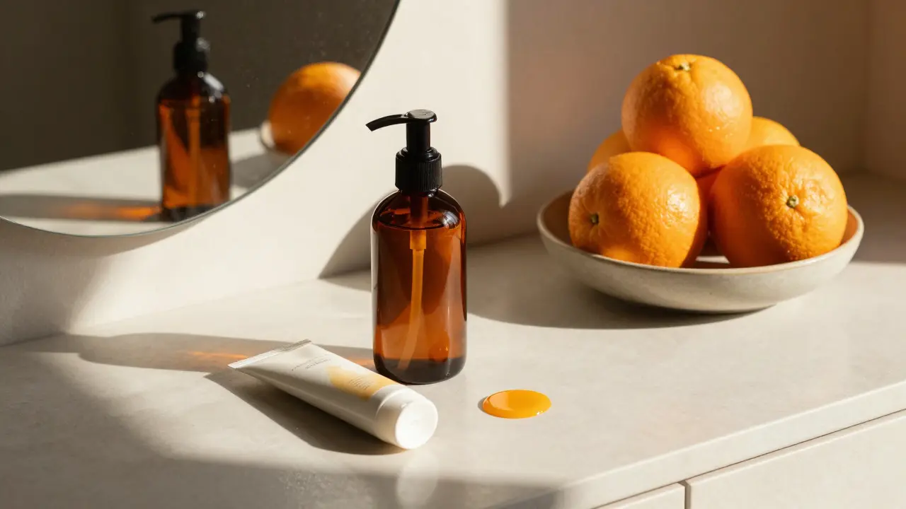 Ranní rutinou péče o pleť s vitaminem C a opalovacím krémem