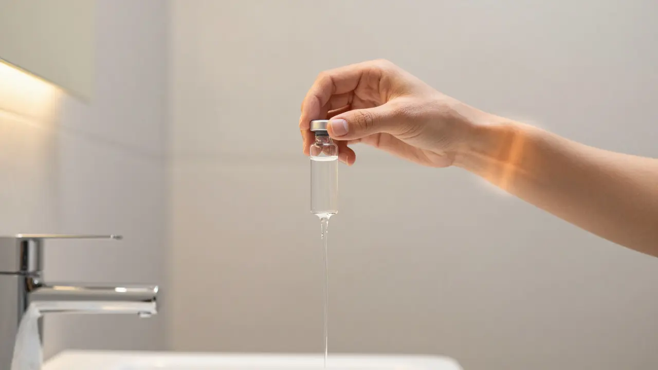 Ruka držící sklenici vody symbolizující vylučování přebytečného vitamínu