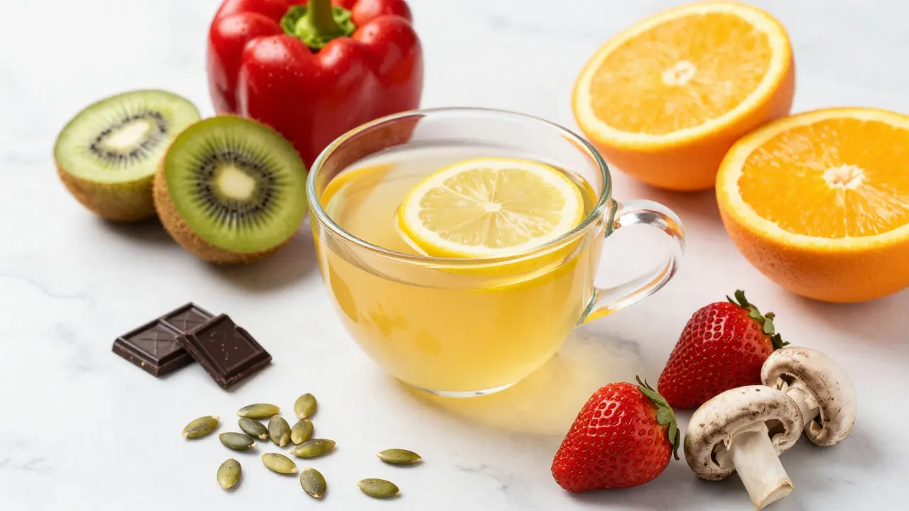 Sklenice vývaru obklopená ovocem a zeleninou bohatou na vitamín C
