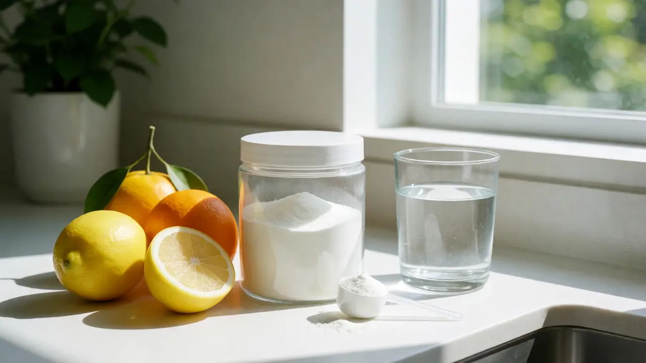 Soudržka s rybím kolagenem a citrony na čistém kuchyňském pultu