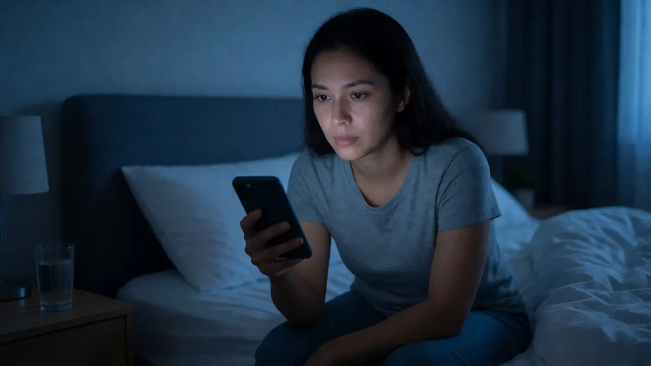 Unavená žena v noci s modrým světlem z mobilního telefonu osvětlujícím její tvář.