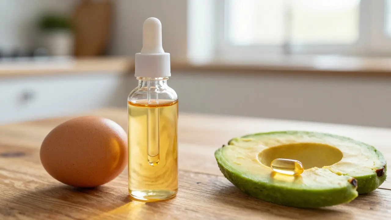 Záběr na lahvičku vitamínu D3, vejce a avokádo na dřevěném stole