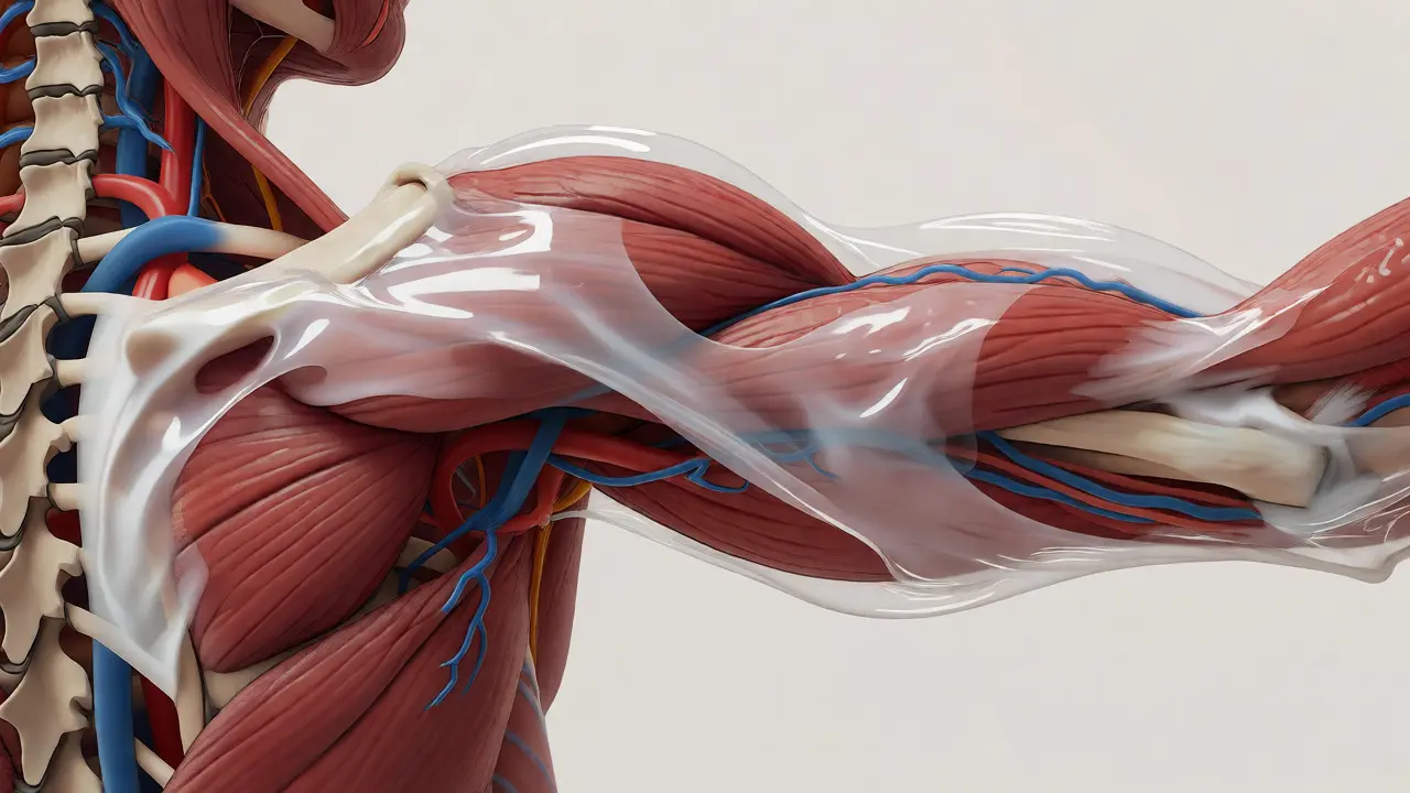Anatomický pohled na svaly a bílé fascie pod kůží