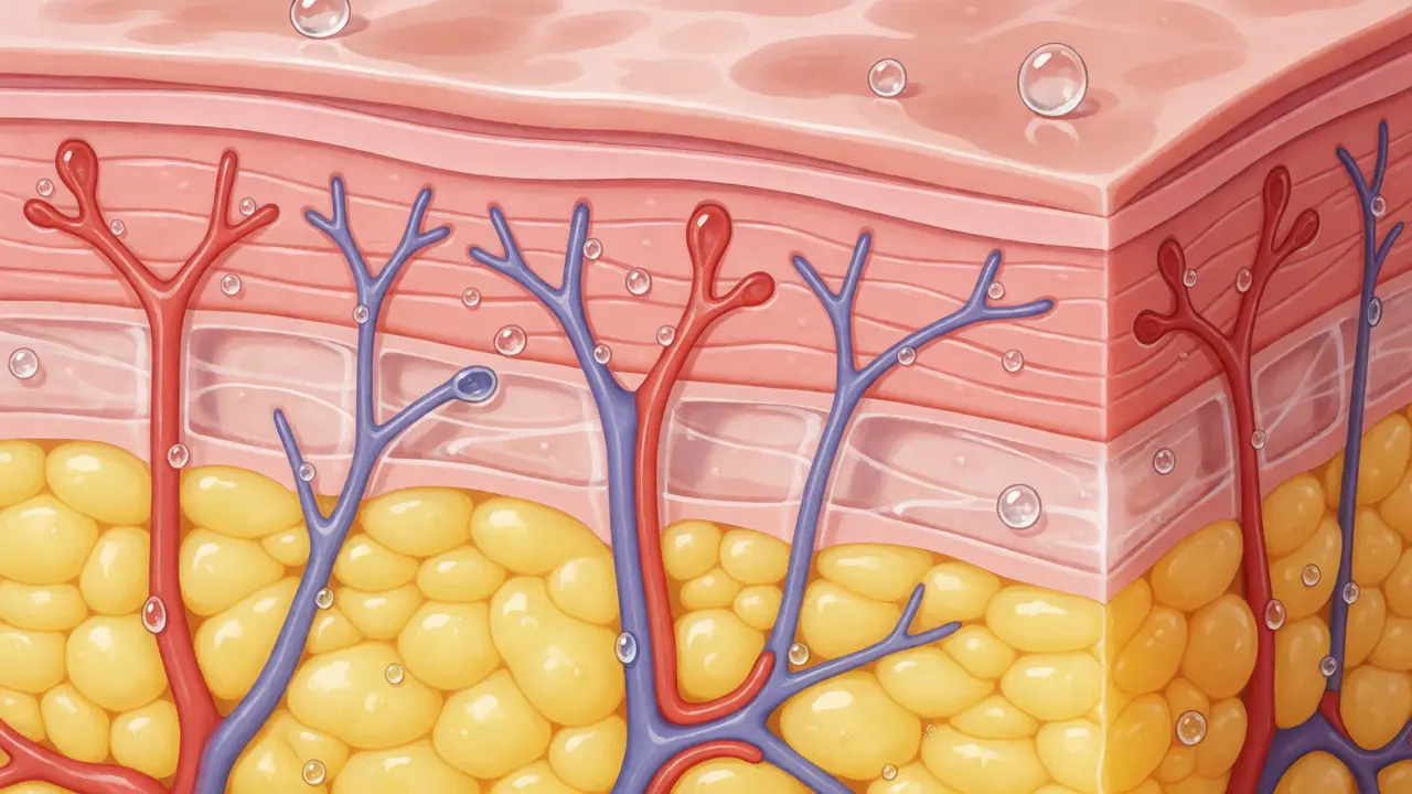 Anatomický řez vrstvami lidské kůže se zobrazením cév a tuků