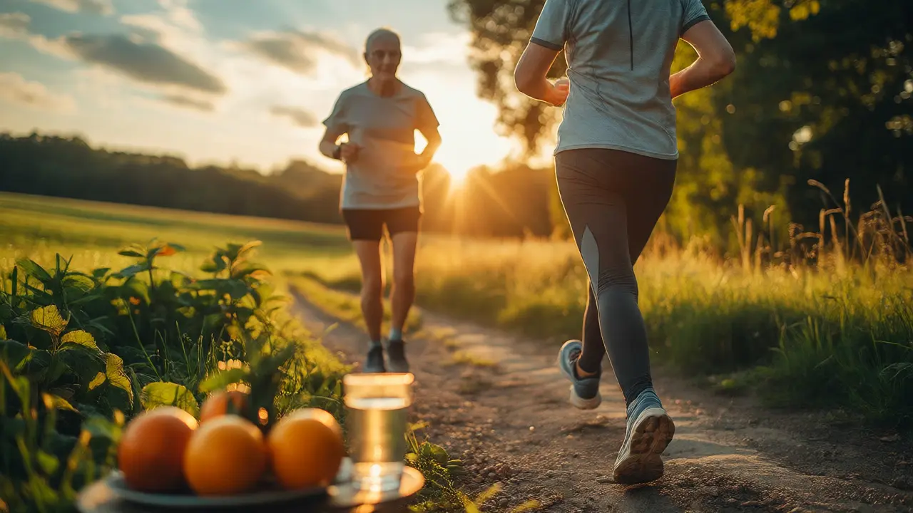 Běžec na venkovní stezce při západu slunce s důrazem na vitalitu a prevenci problémů s klouby.