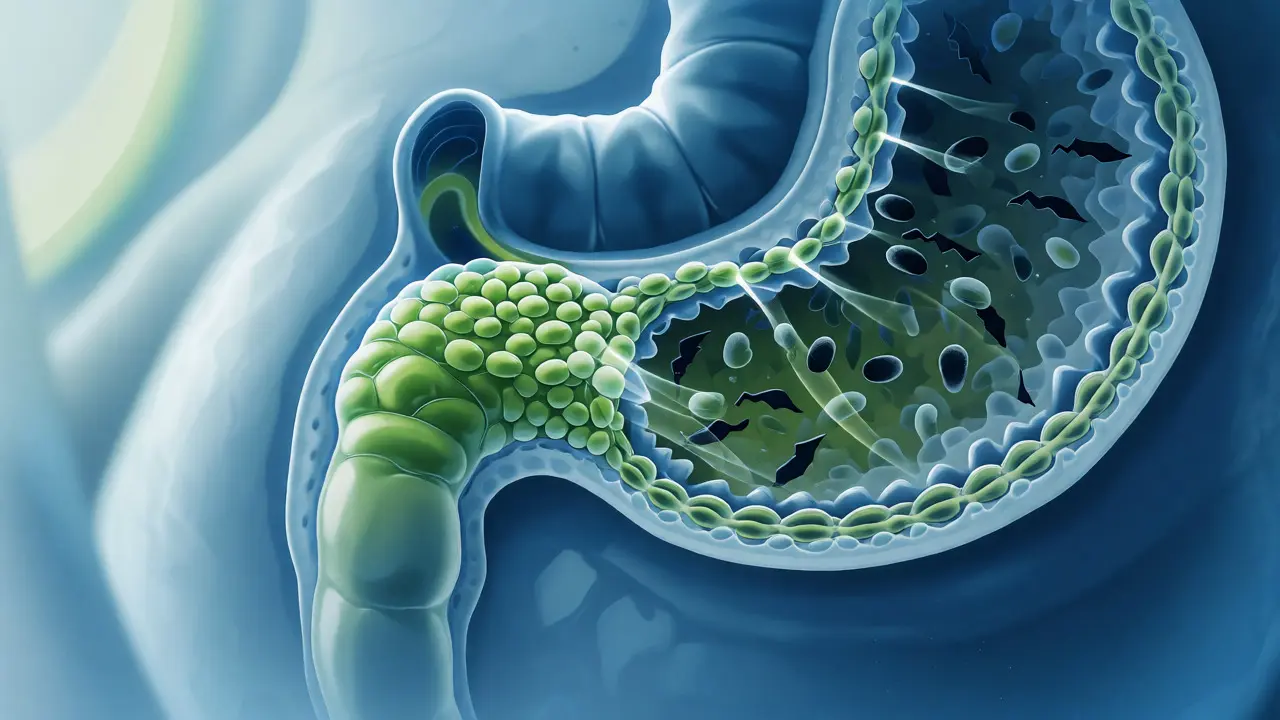 Ilustrace ochranného biofilmu laktobacilů vytlačujícího patogenní bakterie ze střeva.