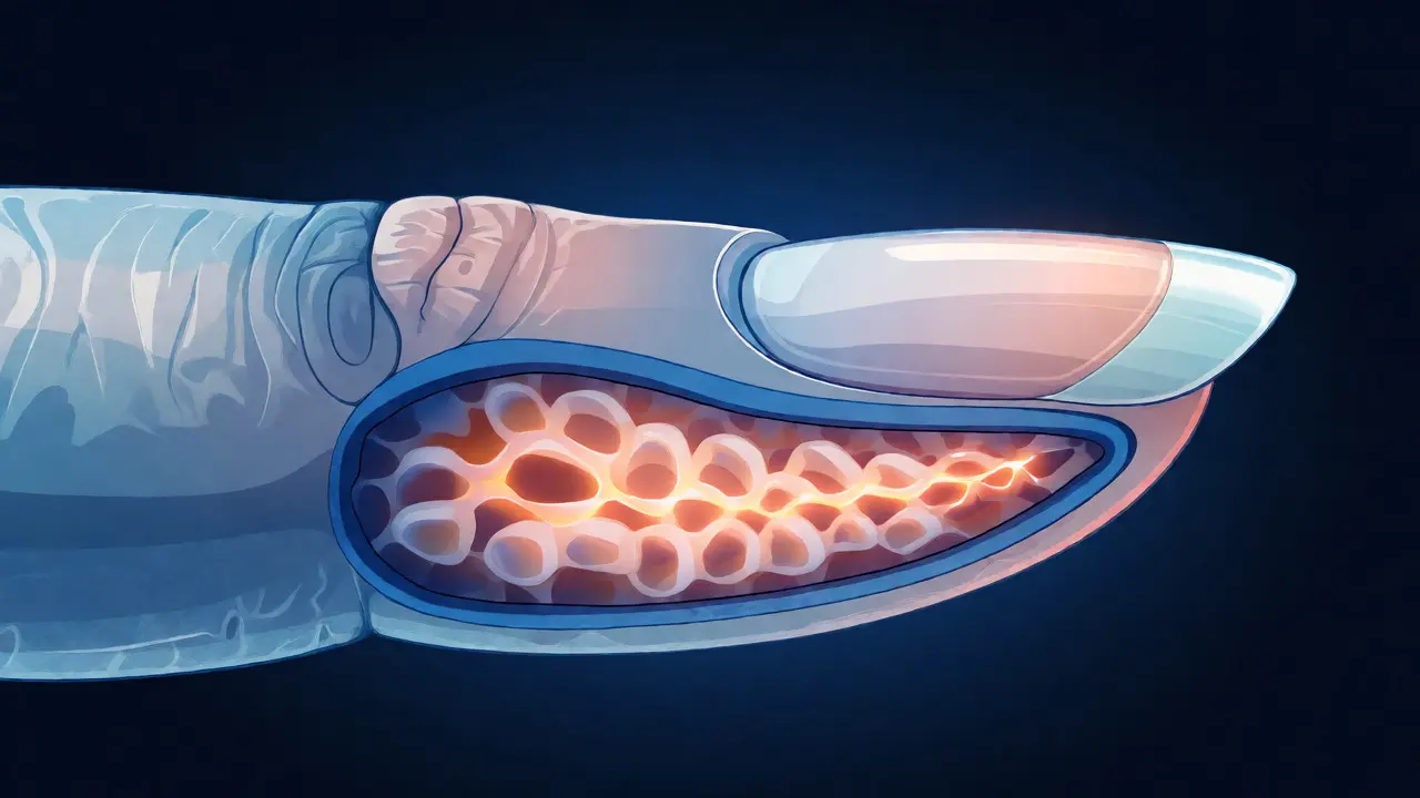 Ilustrace řezu prstem ukazující skrytou matici pod kůžičkou