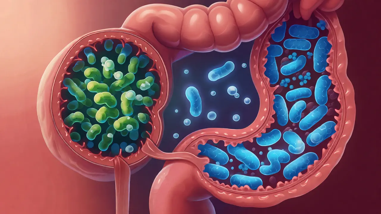 Ilustrace zdravého střevního mikrobiomu s probiotiky