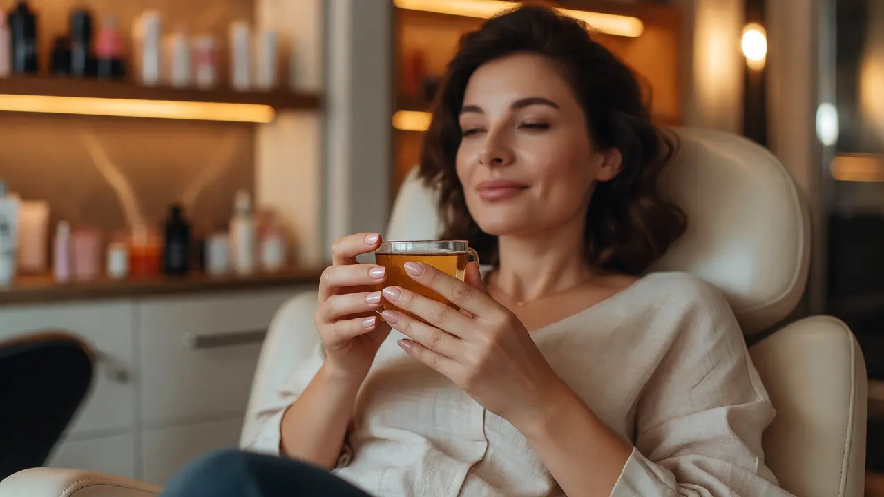 Klientka relaxuje s čajem po dokončené manikúře, užívá si výsledek péče o ruce.