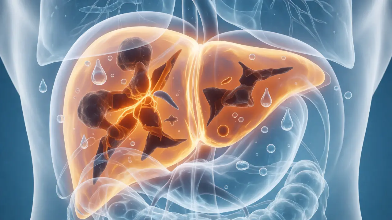 Konceptuální ilustrace jater obklopených antioxidanty a tekutinami během detoxikace.