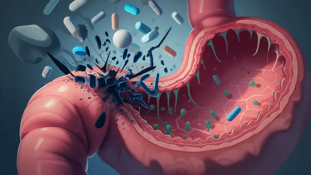 Konceptuální ilustrace ničení střevní sliznice chemikáliemi z zpracovaných potravin