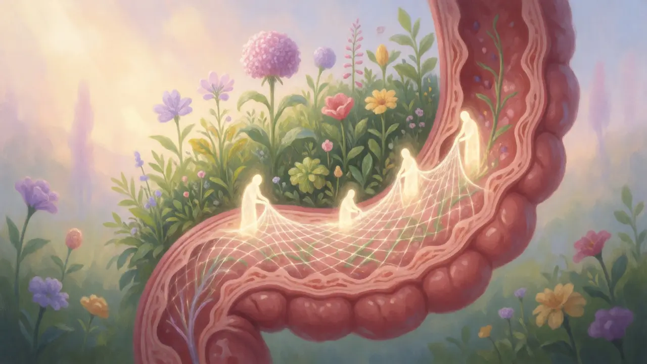 Konceptuální ilustrace regenerace střevní bariéry pomocí probiotik