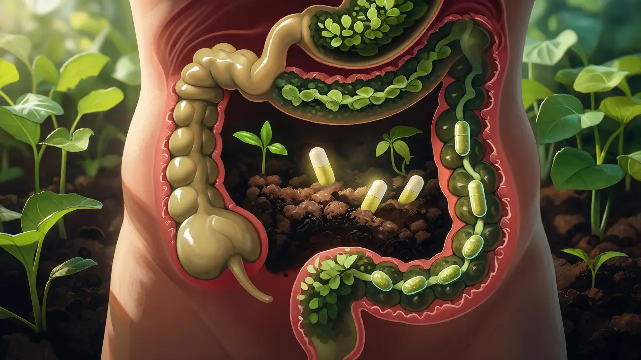 Konceptuální ilustrace zahrady ve střevech symbolizující pěstování zdravého mikrobiomu.