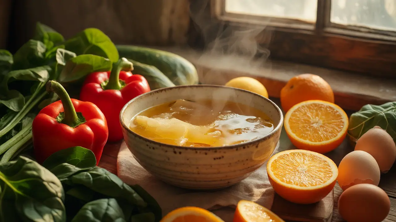 Kostní vývar s čerstvým ovocem a zeleninou bohatými na vitamín C
