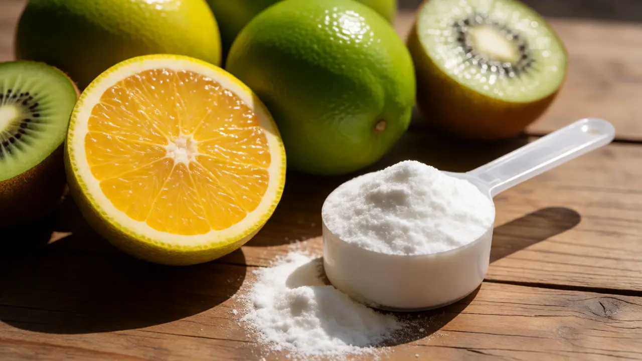 Makro snímek citrusového ovoce a prášku kolagenu na dřevěném stole