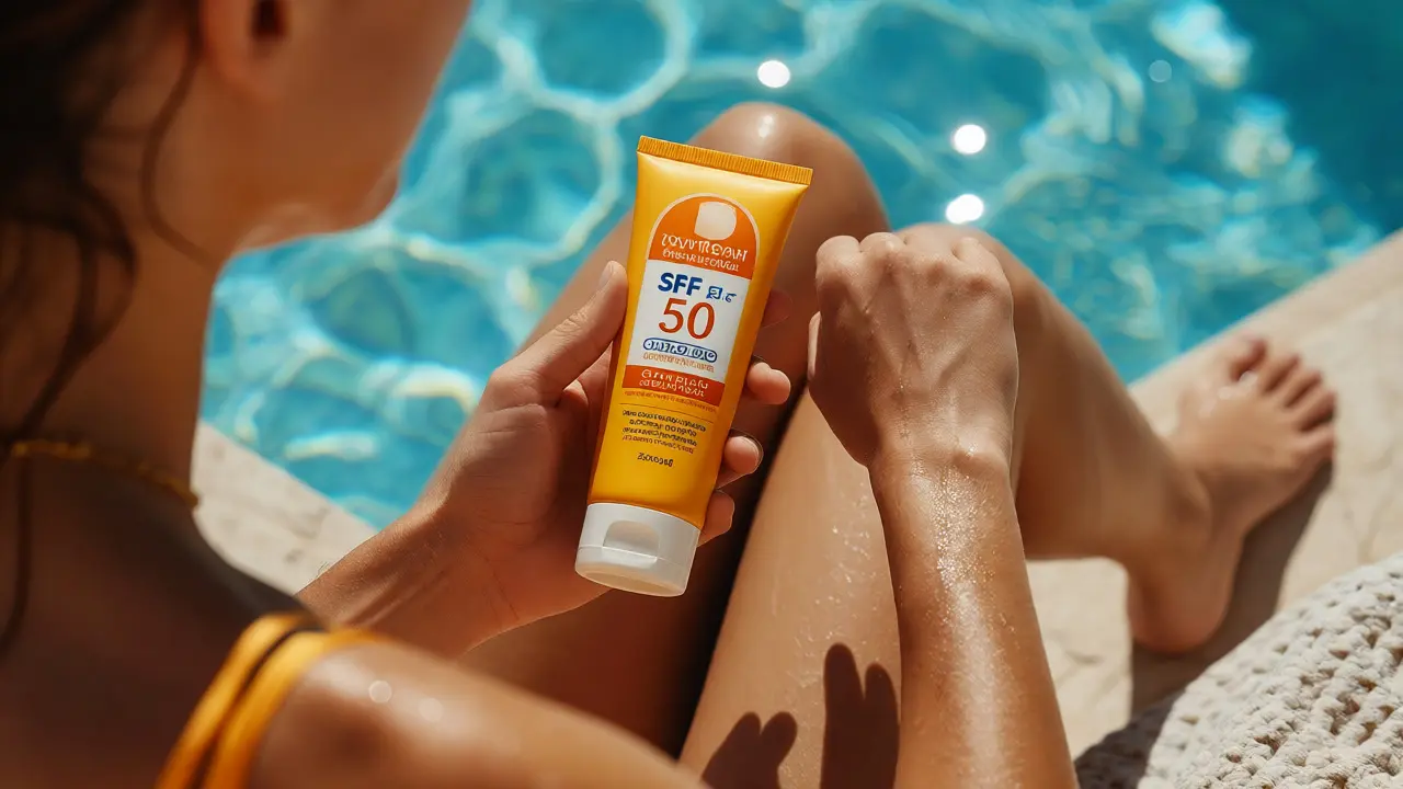 Osoba u bazénu kontroluje čas před znovuaplikací SPF krému po pocení nebo plavání.