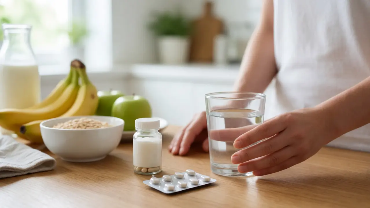 Ruce připravující vodu, antibiotika a probiotika s zdravými potravinami