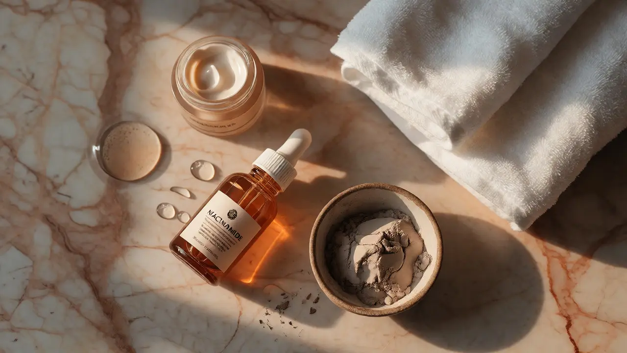 Skincare produkty s niacinamidem a krémy uspořádané na mramoru.