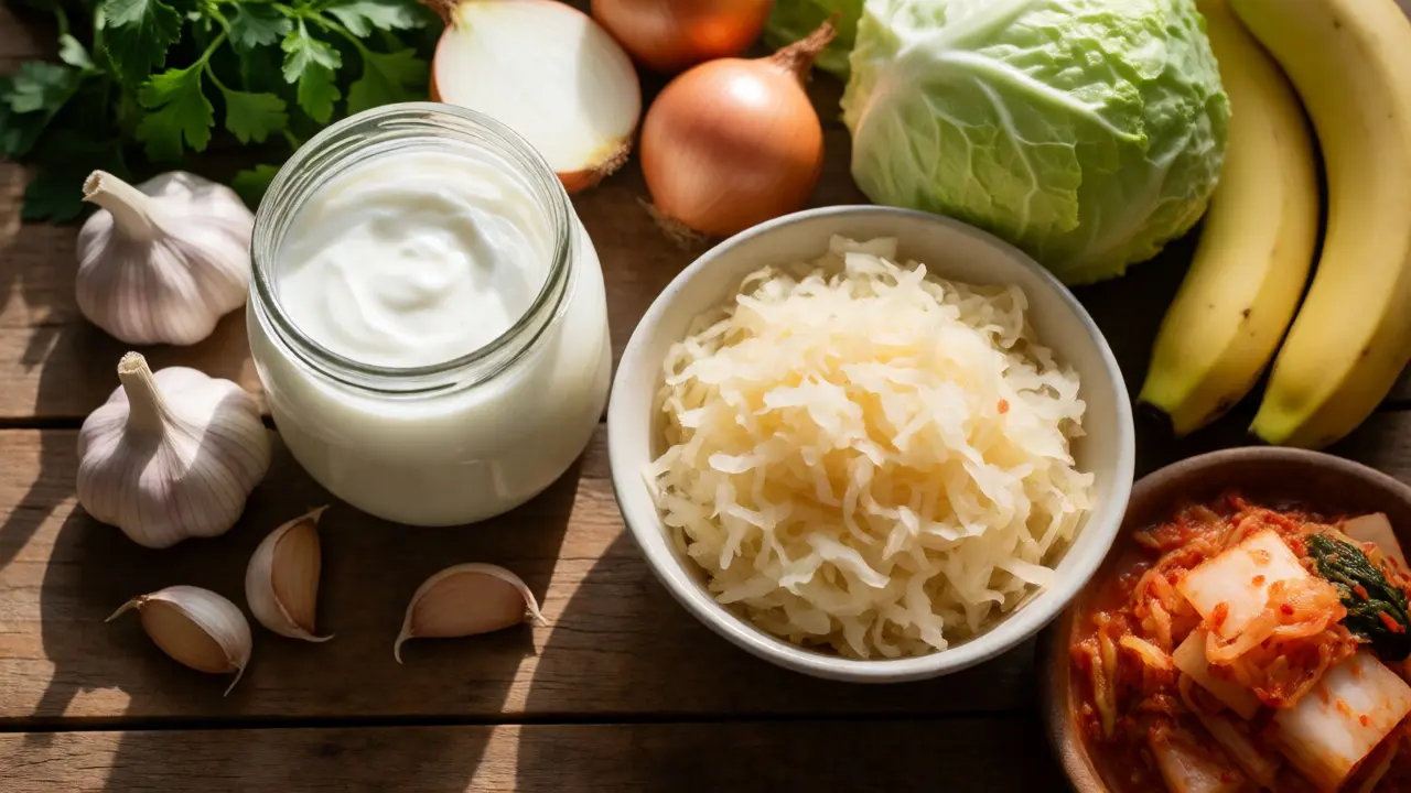 Stylizovaná fotka fermentovaných potravin jako jogurt a kysané zelí s prebiotiky