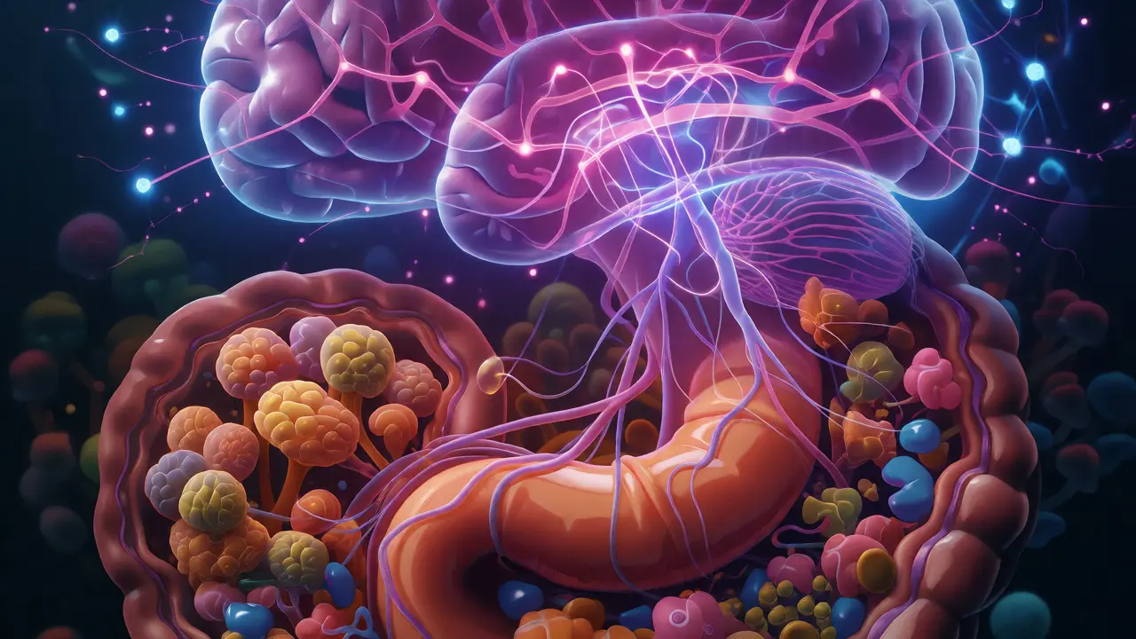 Surrealistické znázornění propojení zdravého střeva s mozkem prostřednictvím neuroprvků.