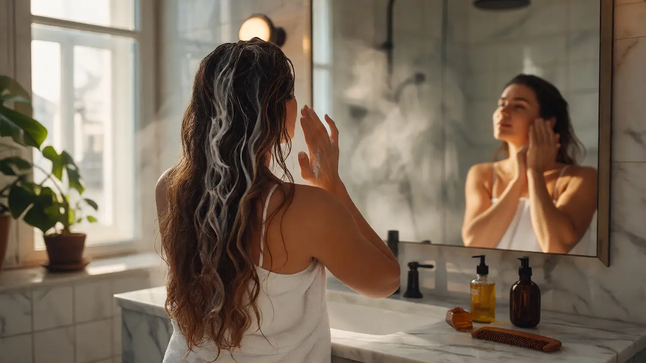 Žena nanáší hydratační masku na vlasy v parné koupelně