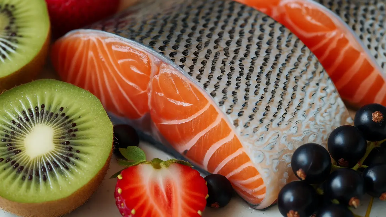 Čerstvé lososové filety se slupkou obložené kiwi a jahodami