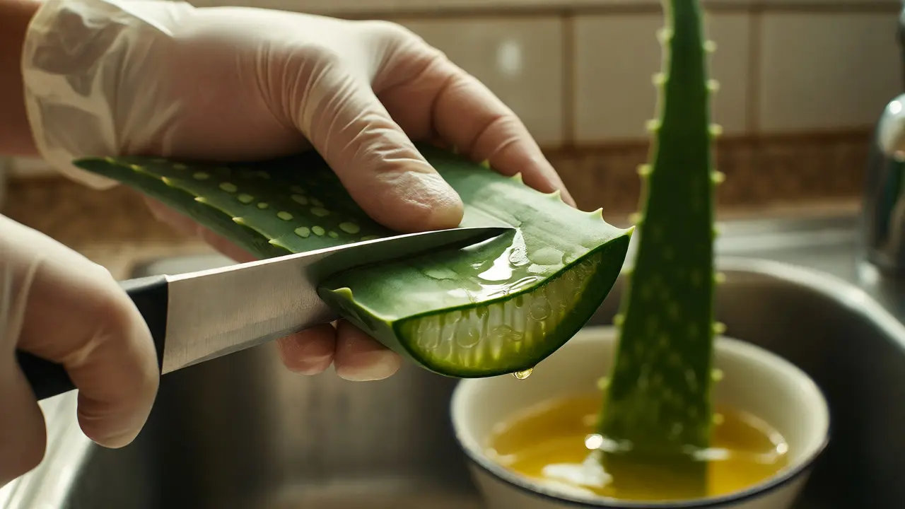 Detailní záběr na řezání listu aloe vera ostrým nožem v ochranné rukavici.