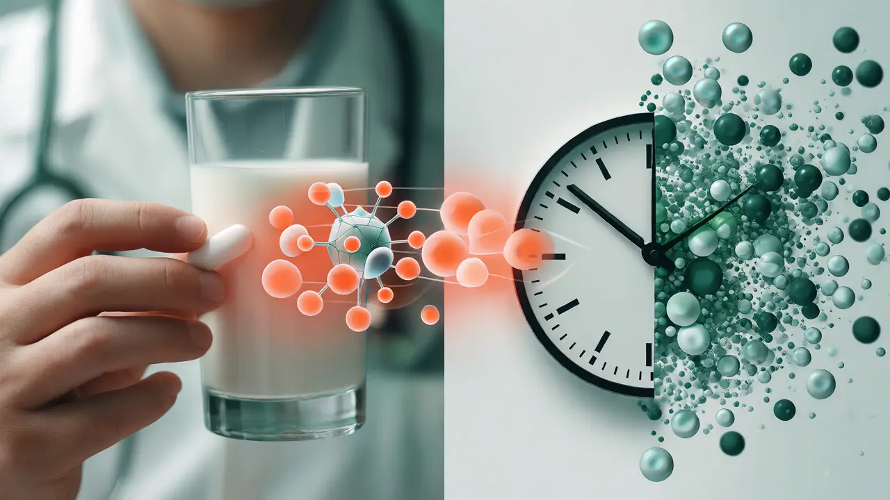 Konceptuální ilustrace interakce antibiotik s minerály a důležitost časování dávek.