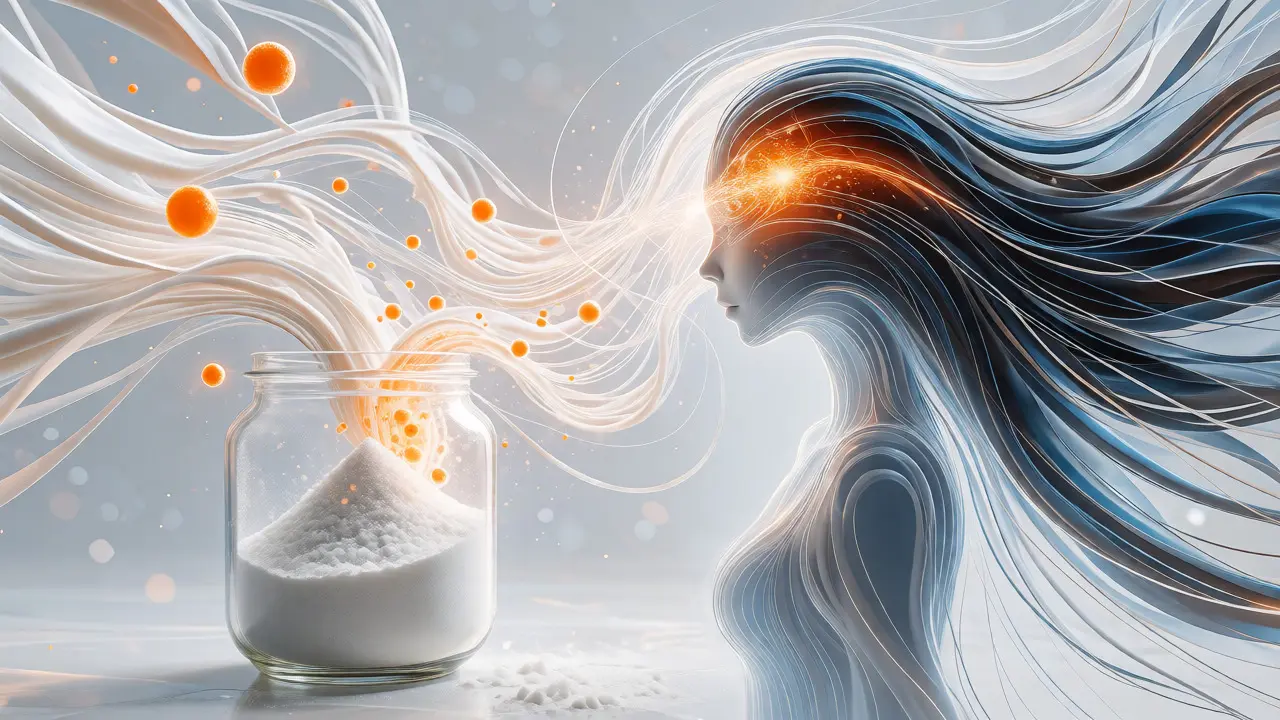 Konceptuální ilustrace vstřebávání kolagenu a vitaminu C pro zdravé vlasy