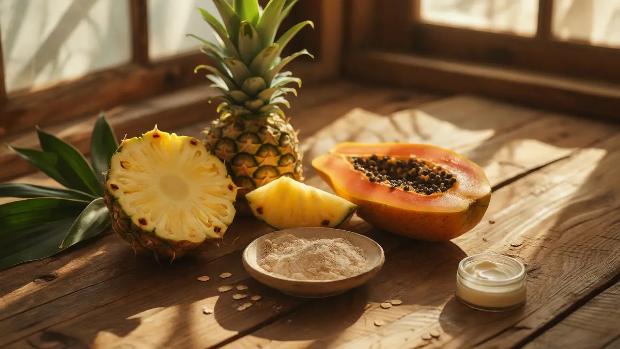 Přírodní ingredience pro enzymatický peeling: ananas, papája a oves