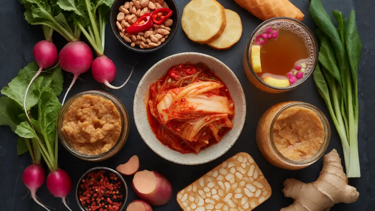 Různé probiotické potraviny včetně kimchi, misa a kombuchy na tmavém pozadí