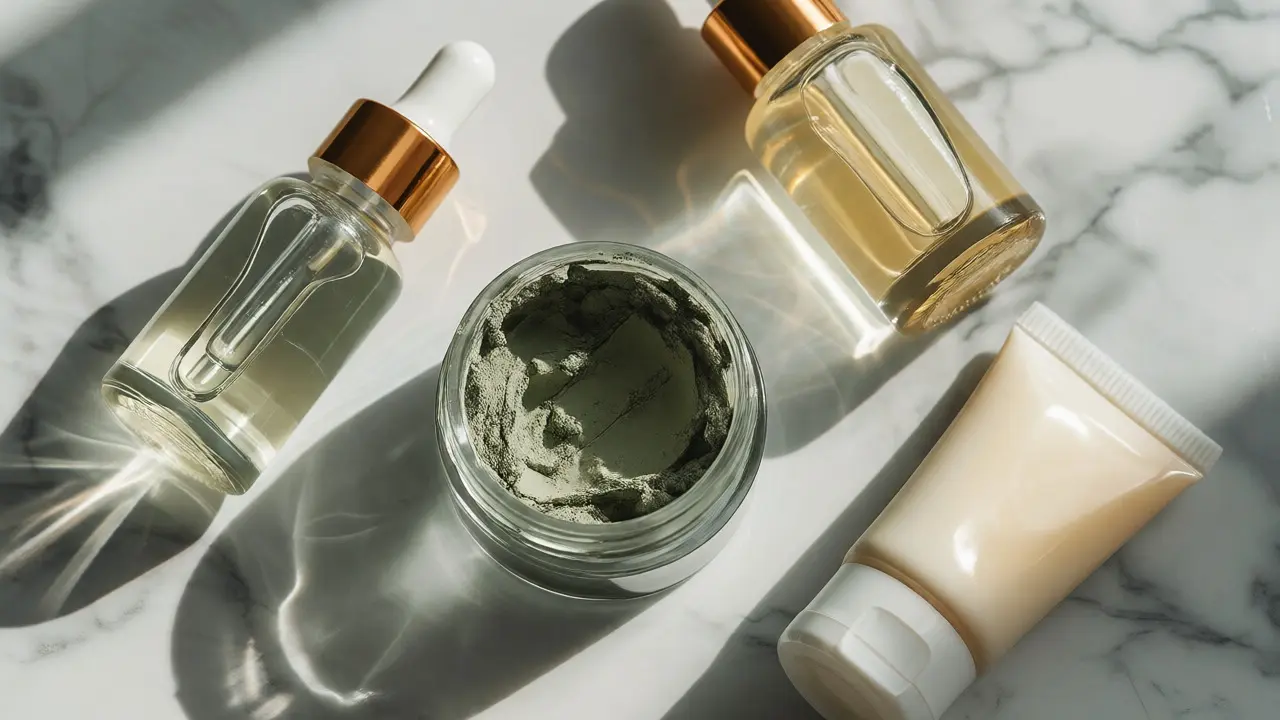 Sada produktů pro chemickou exfoliaci: jílová maska a lahvičky s kyselinami.