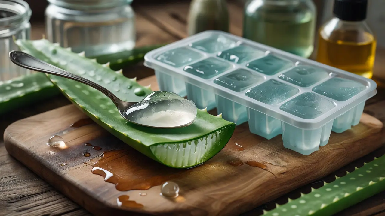 Vyjmutí čirého gelu z aloe vera lžičkou vedle kostiček mraženého gelu.