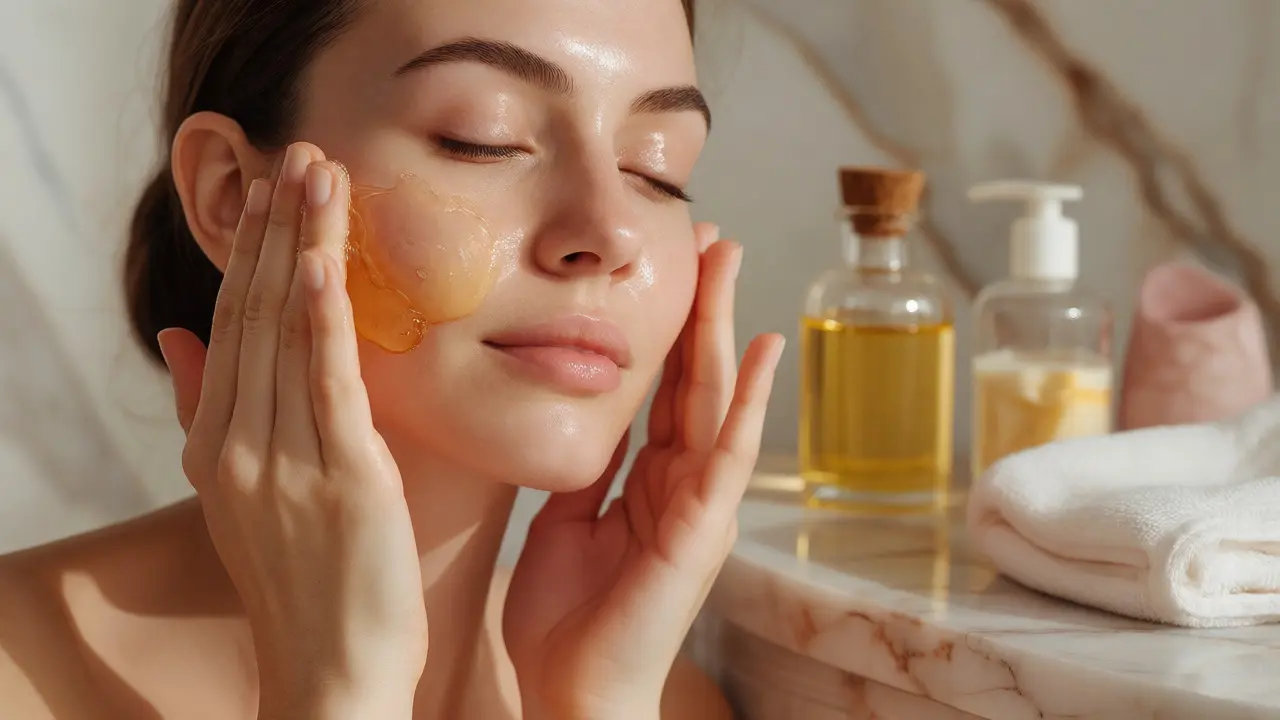 Žena jemně masíruje obličej čistícím balzámem s přírodními oleji